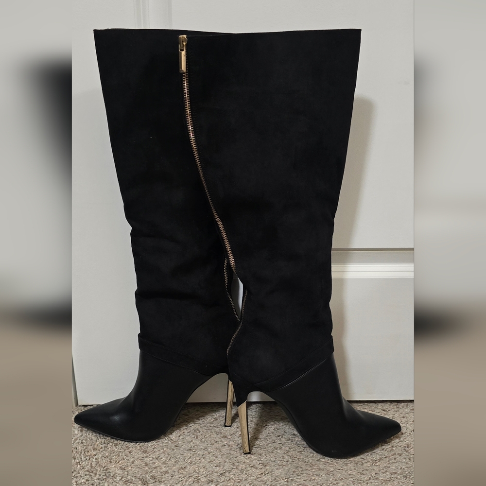 JustFab Black Over-the-Knee Stiletto Boots with Gold Trim - Picture 2 of 4